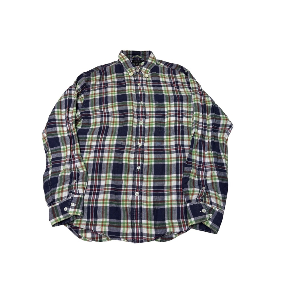 J.Crew Mens Medium 100% Linen Plaid Button Down Shirt Navy Green Long Sleeve